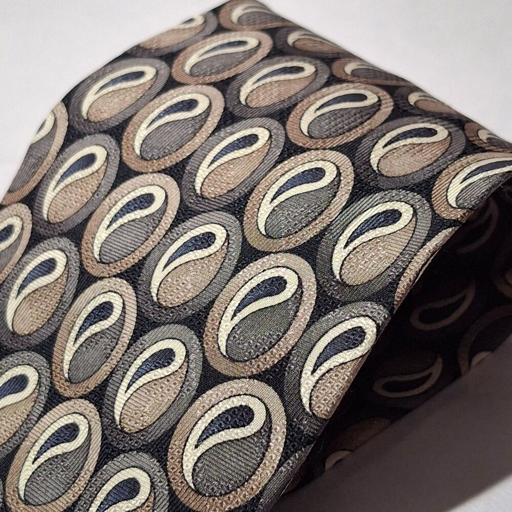 Louis Roth Silk Necktie Geometric Paisley Men's Tie Brown Olive Black Vintage